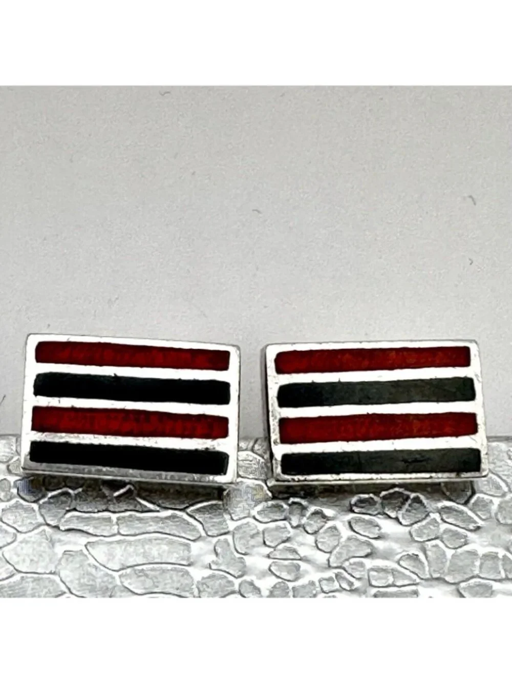 Blue Red Enamel Stripe Cufflinks Designed Signed Sterling Silver Unique Fix Back
